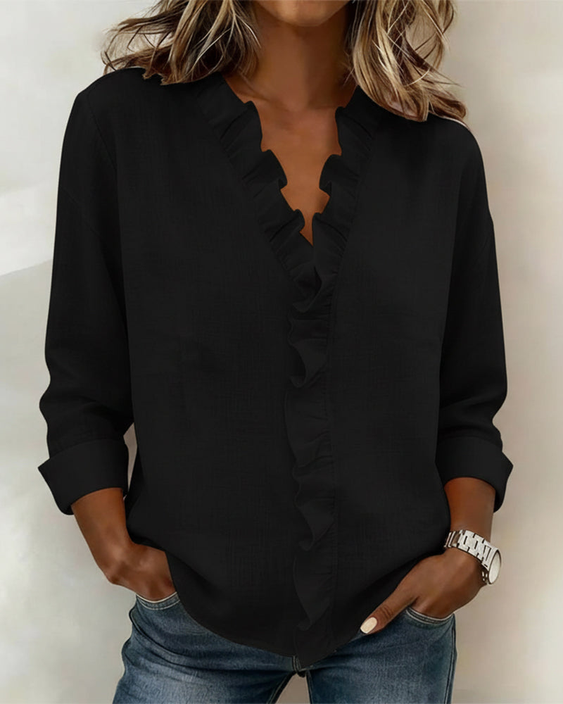 Women's Ruffle V-Neck Long Sleeve Blouse | Rosalie