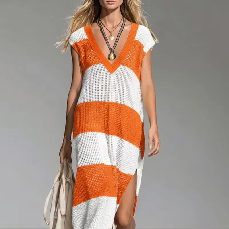 Women's Striped V-Neck Knit Midi Dress | Sienna