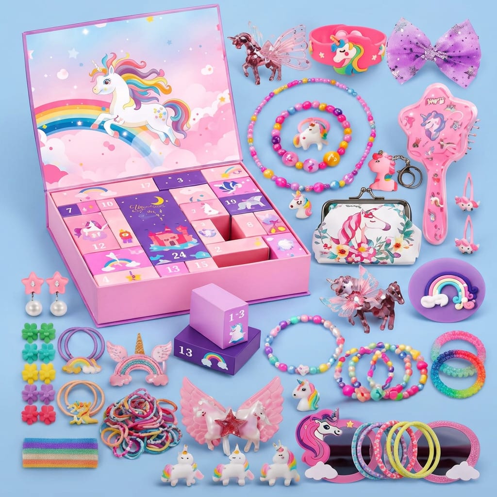 Unicorn Advent Calendar 2026 with Hair Accessories and Stickers Christmas Countdown for Kids_3