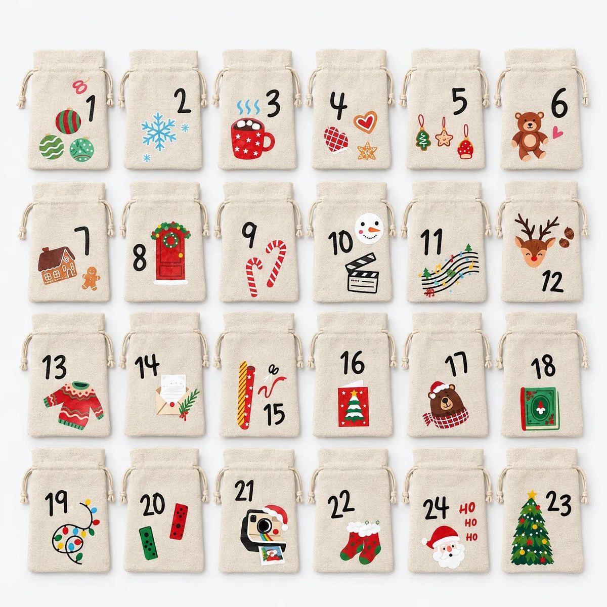 Fabric Bag Advent Calendar 2026 with 24 Numbered Drawstring Bags Christmas Countdown Fillable_2