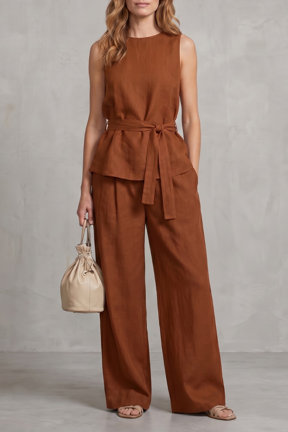 Women's Tie Waist Wide Leg Trouser Set | Felicia_11