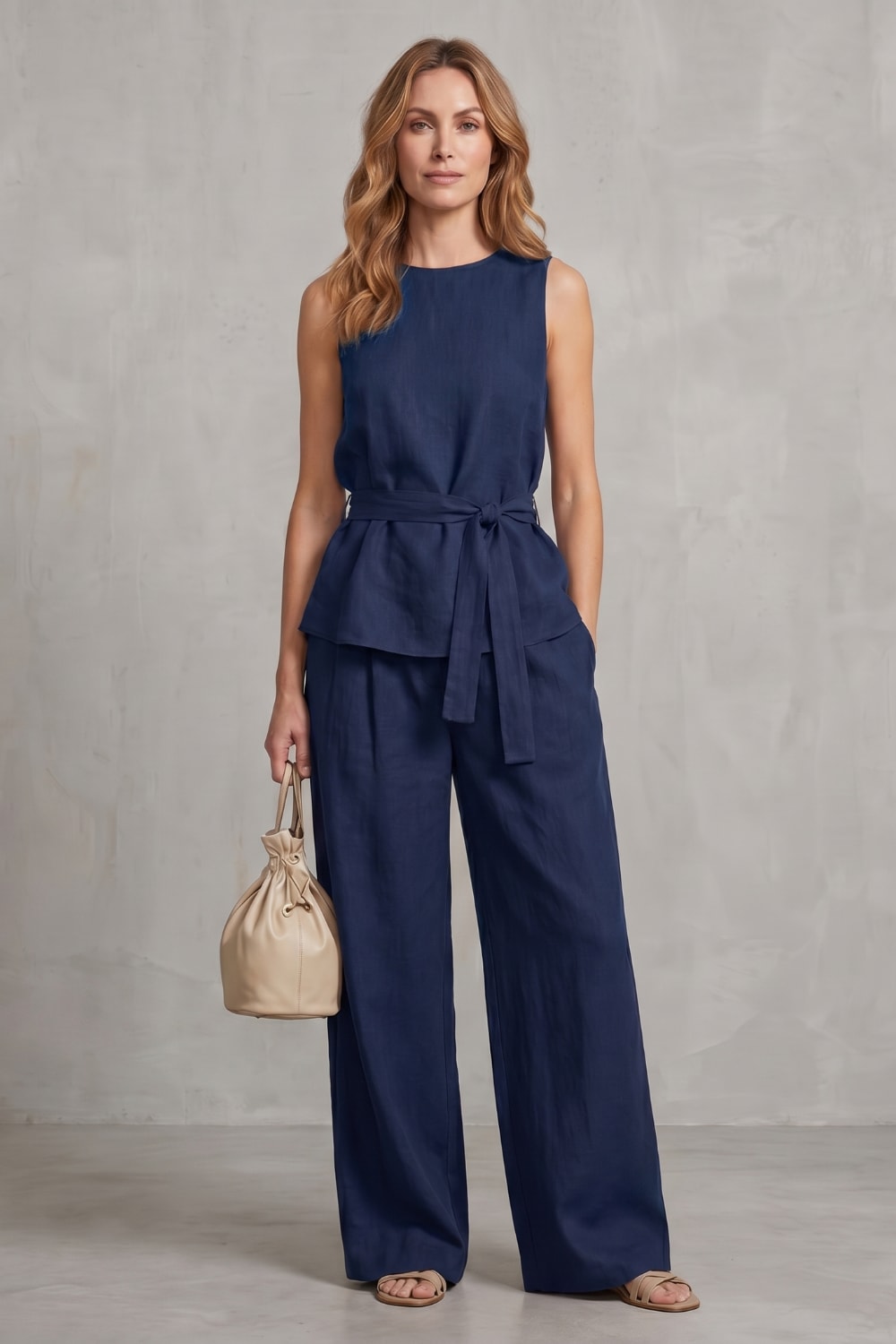 Women's Tie Waist Wide Leg Trouser Set | Felicia_8