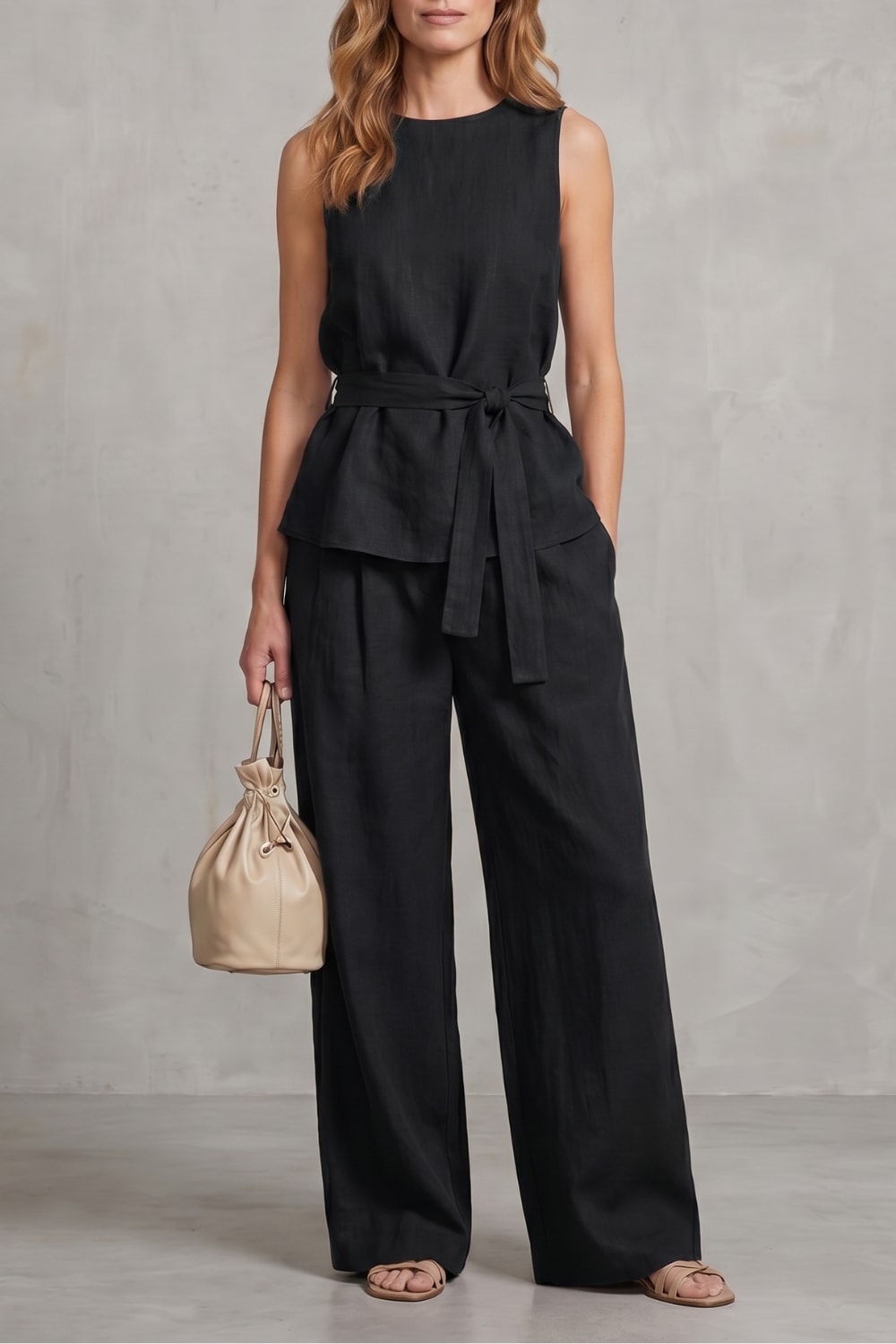 Women's Tie Waist Wide Leg Trouser Set | Felicia_9
