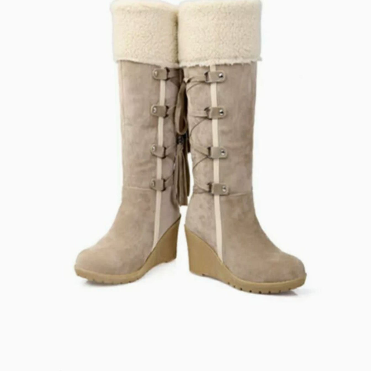 Women's Faux Fur Cuff Wedge Knee High Boots | Layla_3