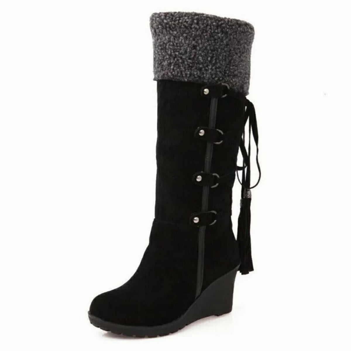 Women's Faux Fur Cuff Wedge Knee High Boots | Layla_4