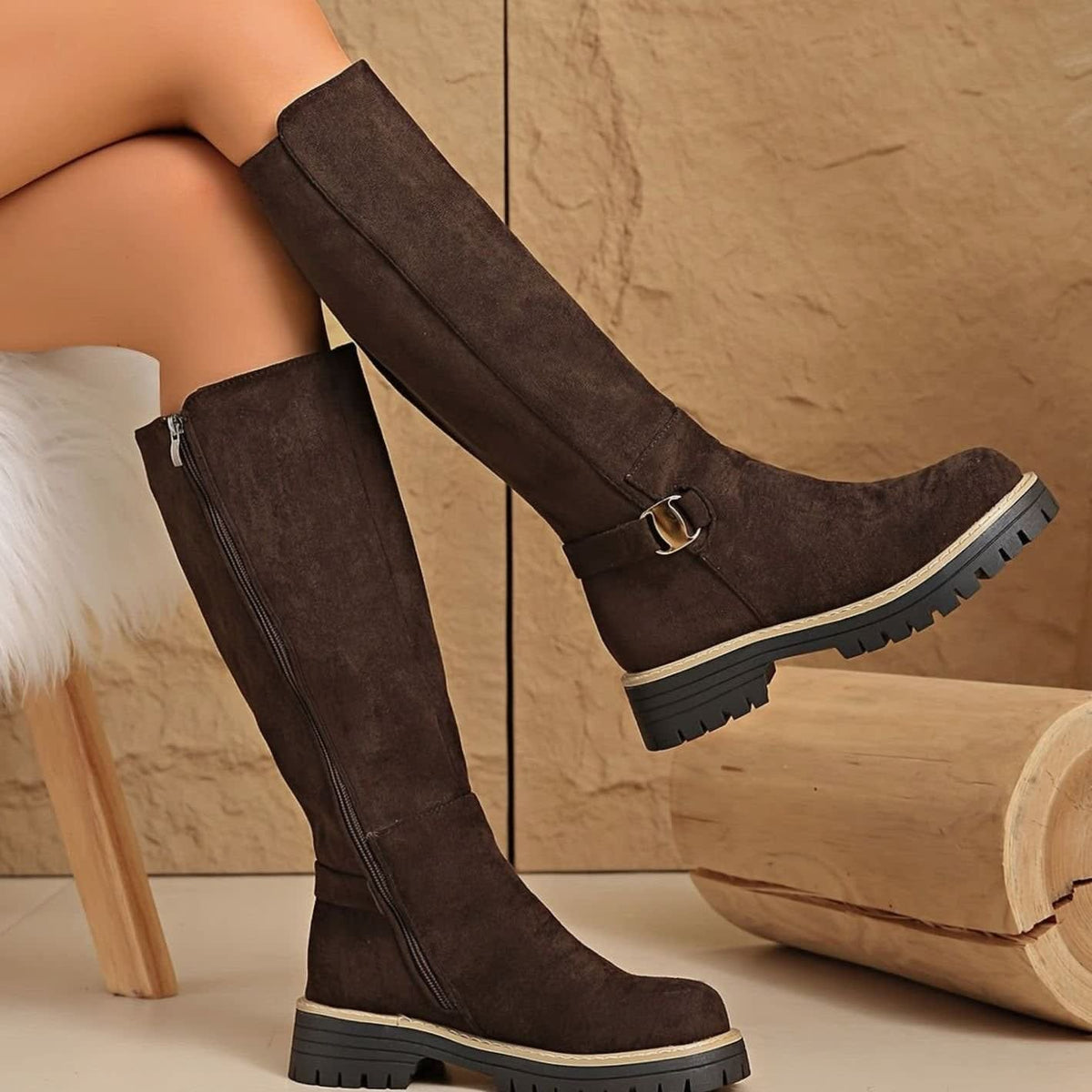 Women's Faux Suede Chunky Sole Knee High Boots | Kirsty_4