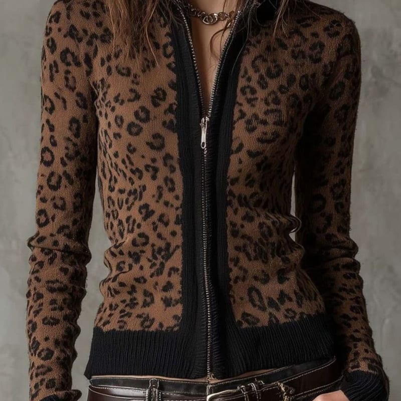Women's Leopard Print Zip Up Knit Cardigan | Olive_1