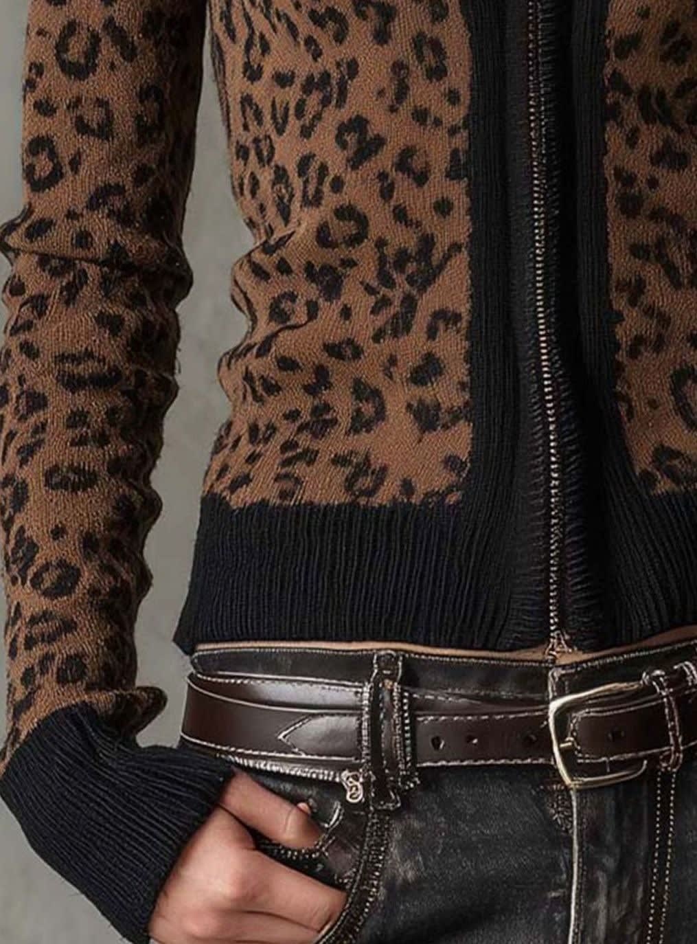Women's Leopard Print Zip Up Knit Cardigan | Olive_2