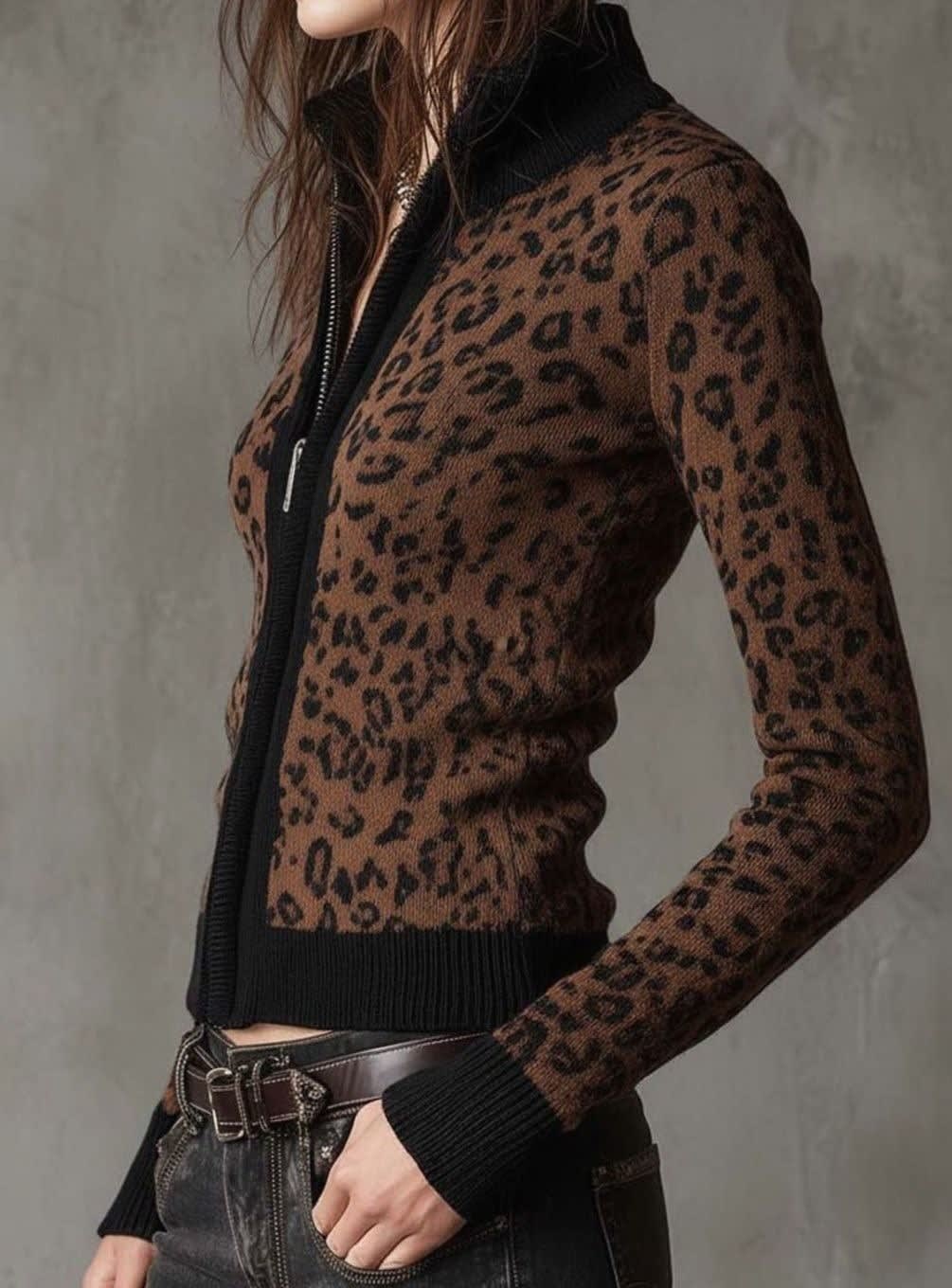 Women's Leopard Print Zip Up Knit Cardigan | Olive_6