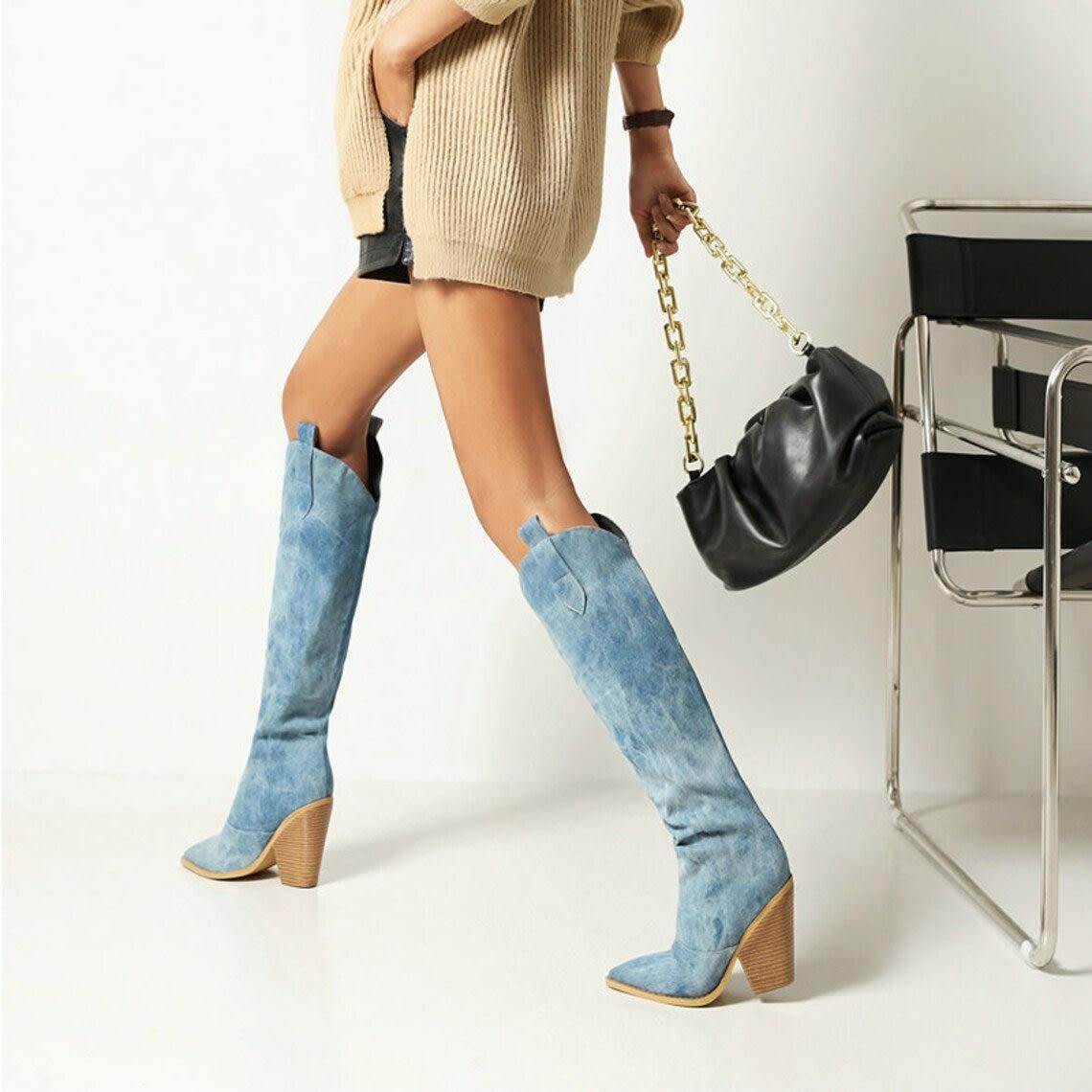 Women's Denim Knee-High Western Boots | Nicole_5