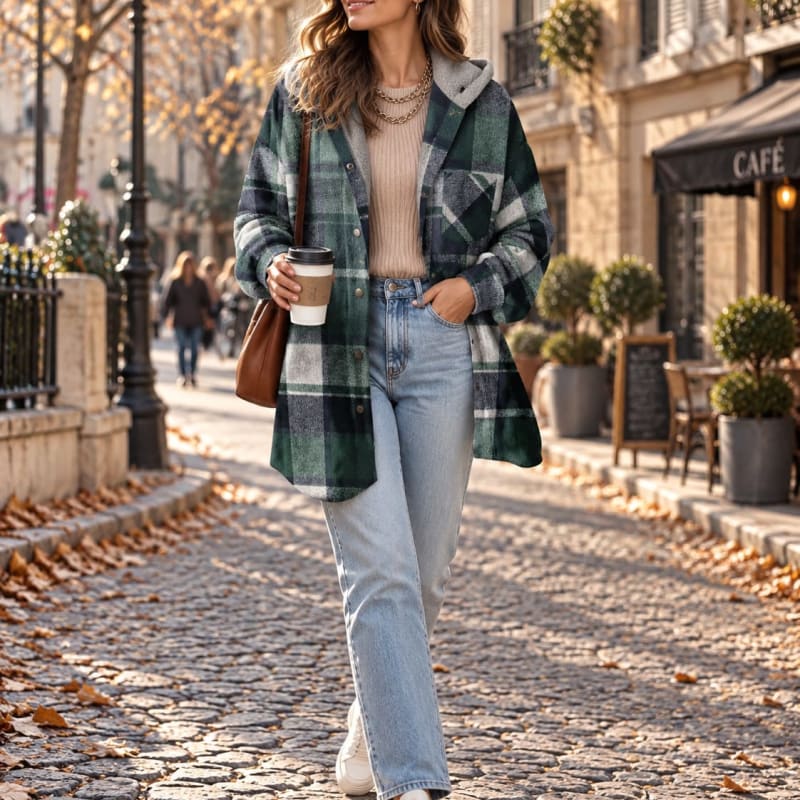 Women's Hooded Fleece Lined Checked Shacket | Lydia_1