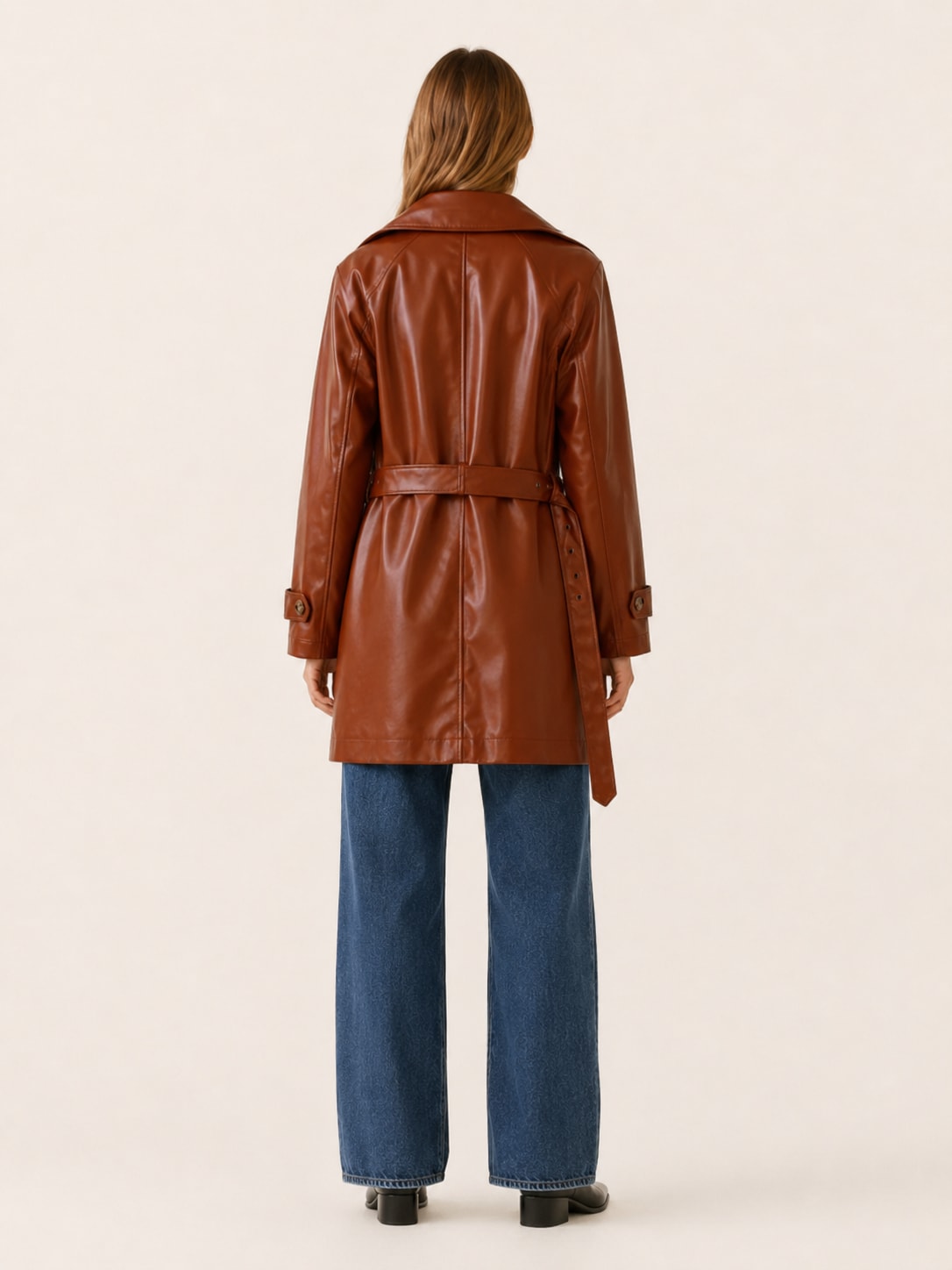 Women's Faux Leather Trench Jacket with Double-Breasted Front | Rachel Lawson_2
