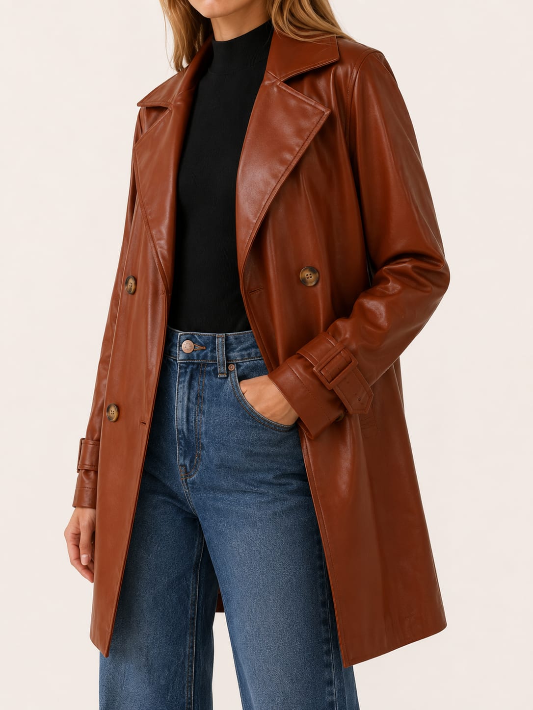 Women's Faux Leather Trench Jacket with Double-Breasted Front | Rachel Lawson_4