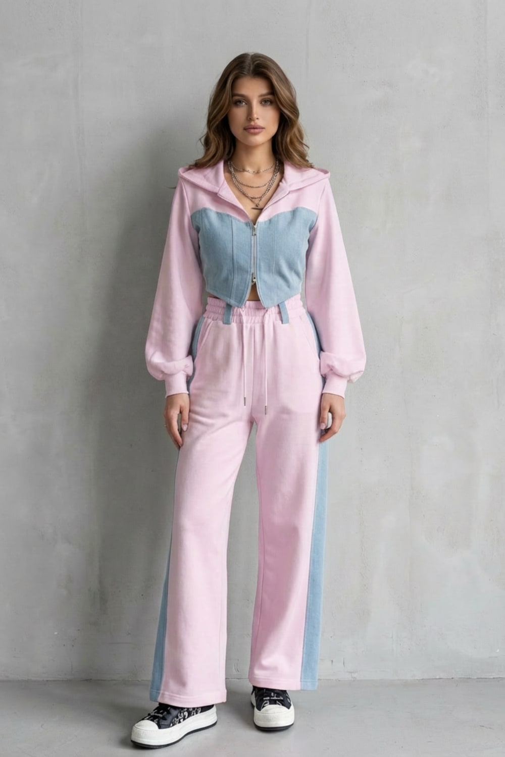 Women's Denim Panel Hoodie and Jogger Set | Fran_6