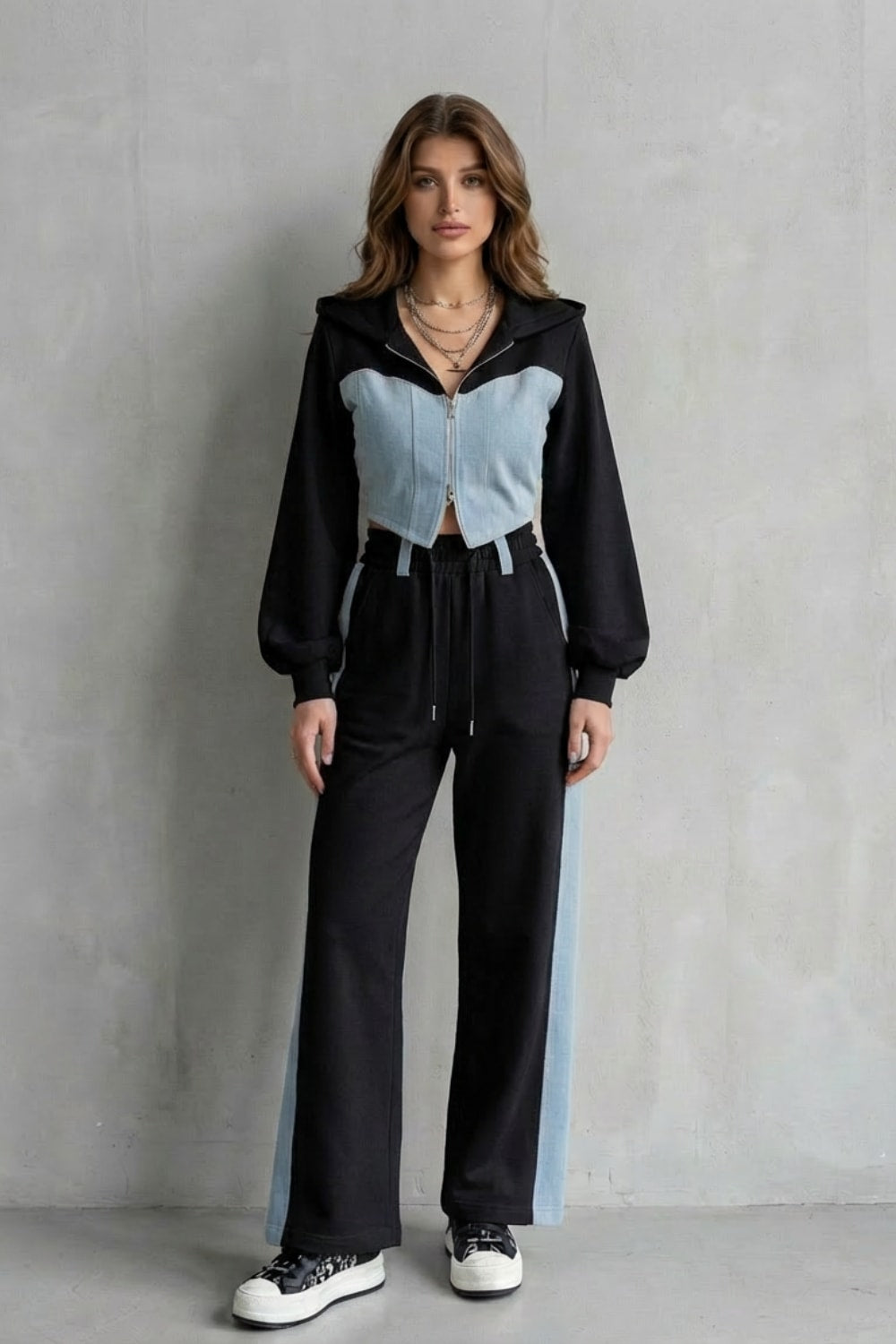 Women's Denim Panel Hoodie and Jogger Set | Fran_8