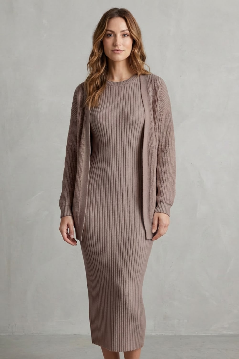 Women's Ribbed Knit Midi Dress and Cardigan Set | Gabriella_10