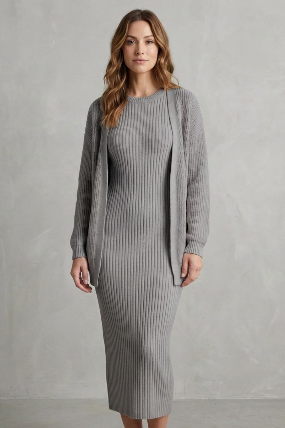 Women's Ribbed Knit Midi Dress and Cardigan Set | Gabriella_12