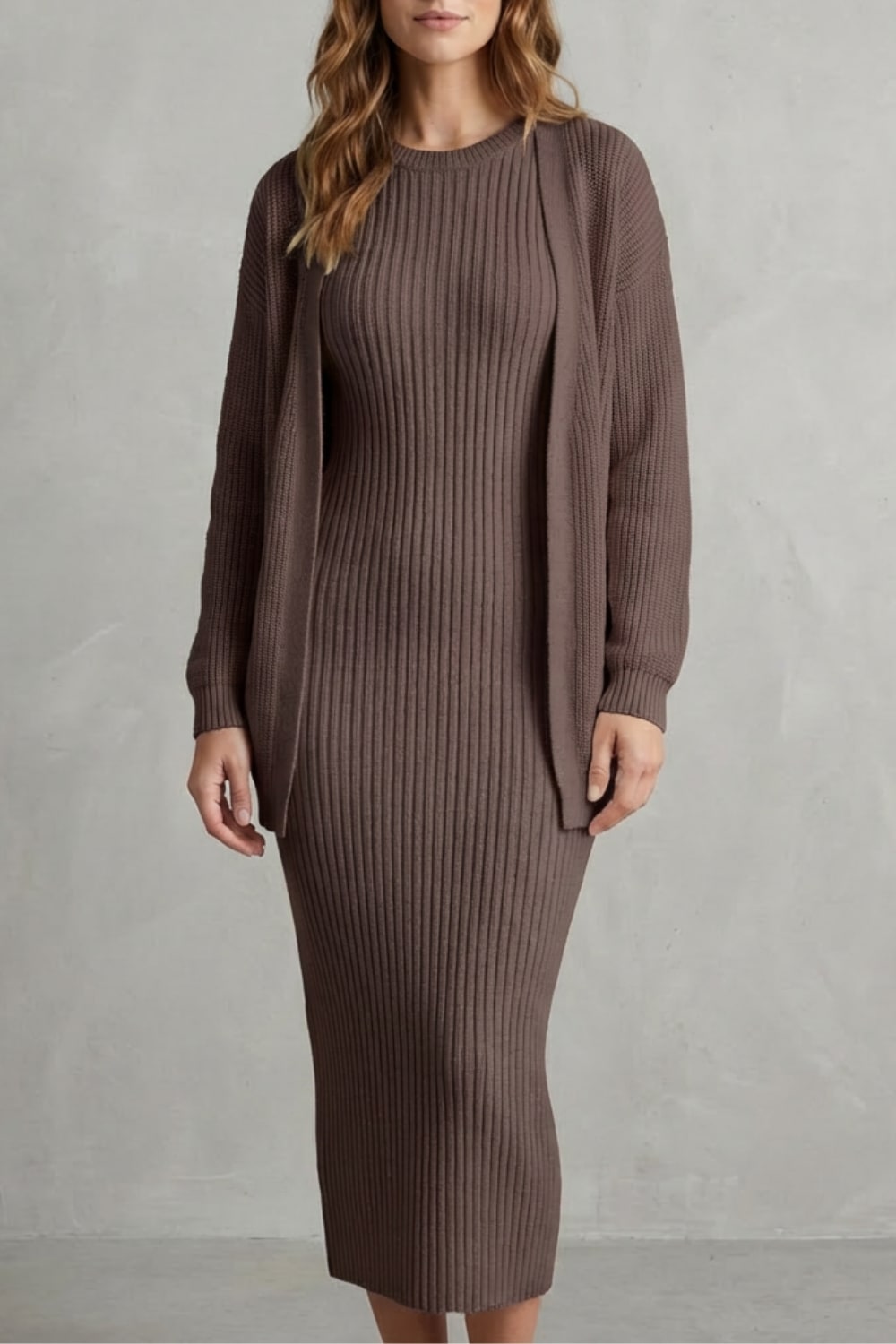 Women's Ribbed Knit Midi Dress and Cardigan Set | Gabriella_13