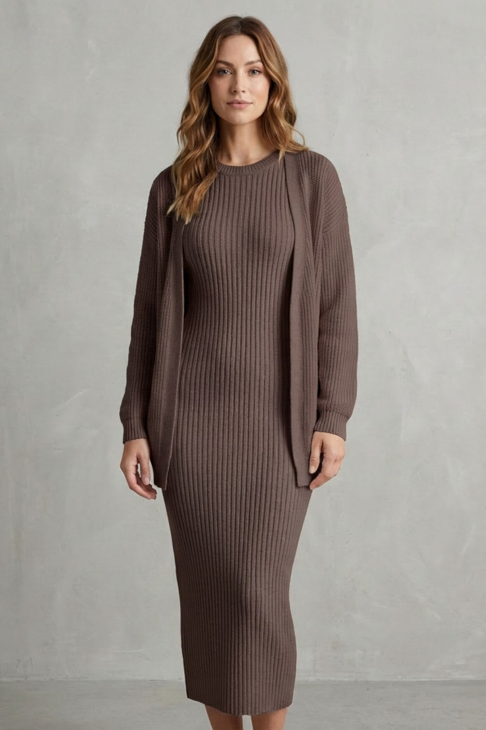 Women's Ribbed Knit Midi Dress and Cardigan Set | Gabriella_14