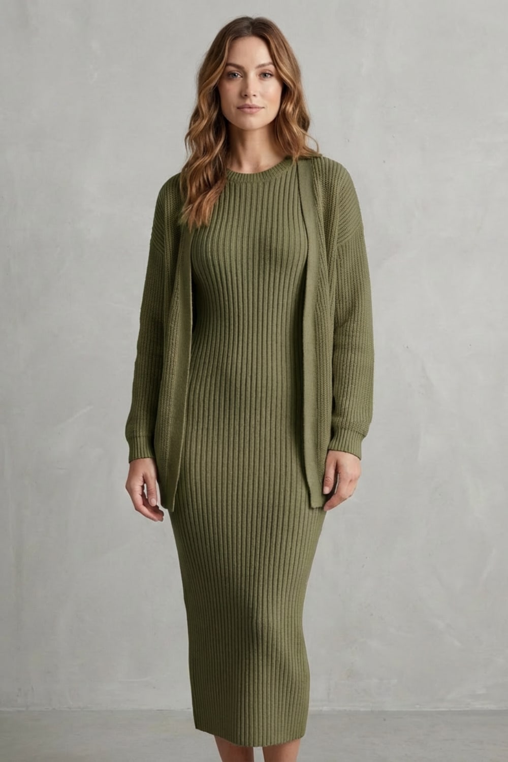 Women's Ribbed Knit Midi Dress and Cardigan Set | Gabriella_16