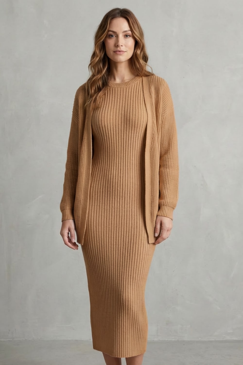 Women's Ribbed Knit Midi Dress and Cardigan Set | Gabriella_18