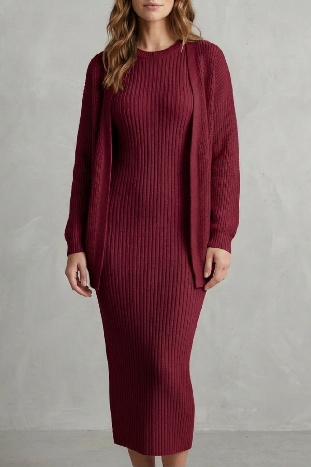Women's Ribbed Knit Midi Dress and Cardigan Set | Gabriella_19