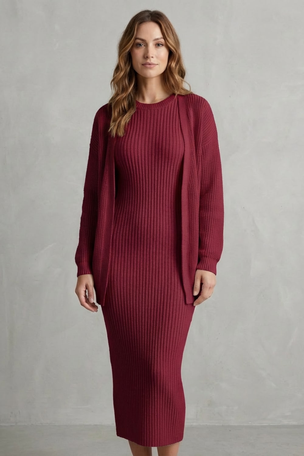 Women's Ribbed Knit Midi Dress and Cardigan Set | Gabriella_22