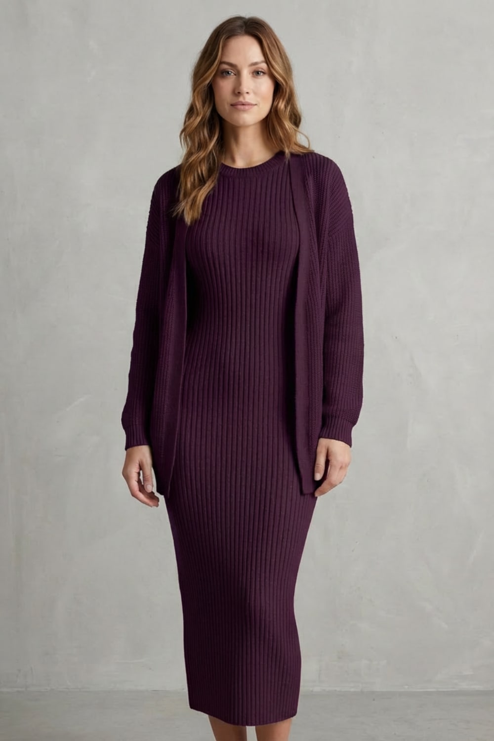 Women's Ribbed Knit Midi Dress and Cardigan Set | Gabriella_24