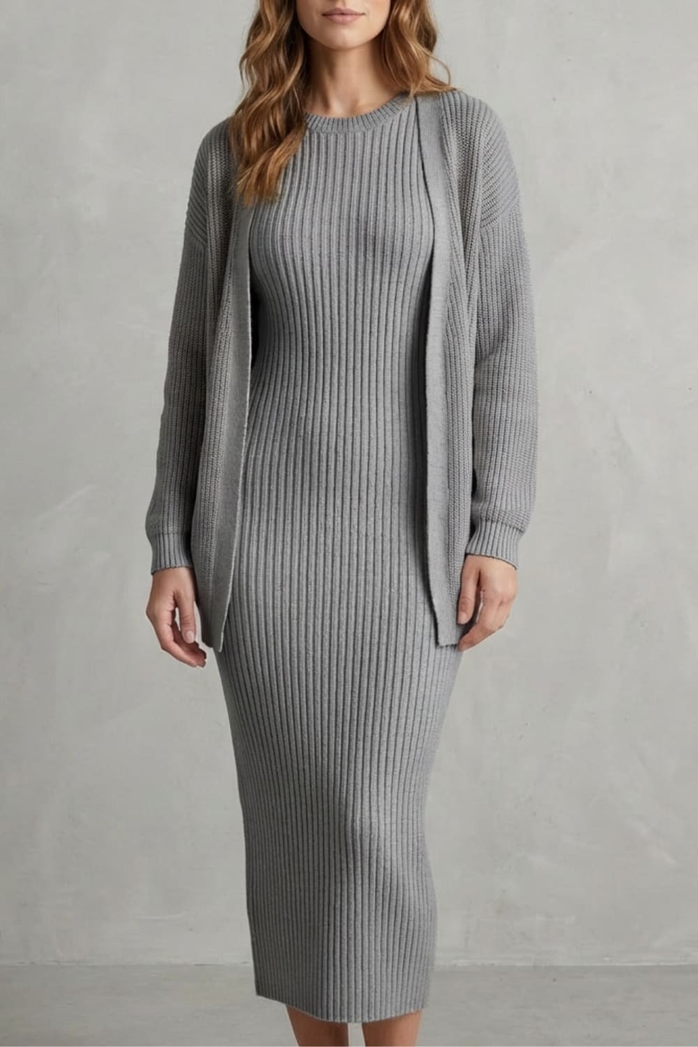 Women's Ribbed Knit Midi Dress and Cardigan Set | Gabriella_25