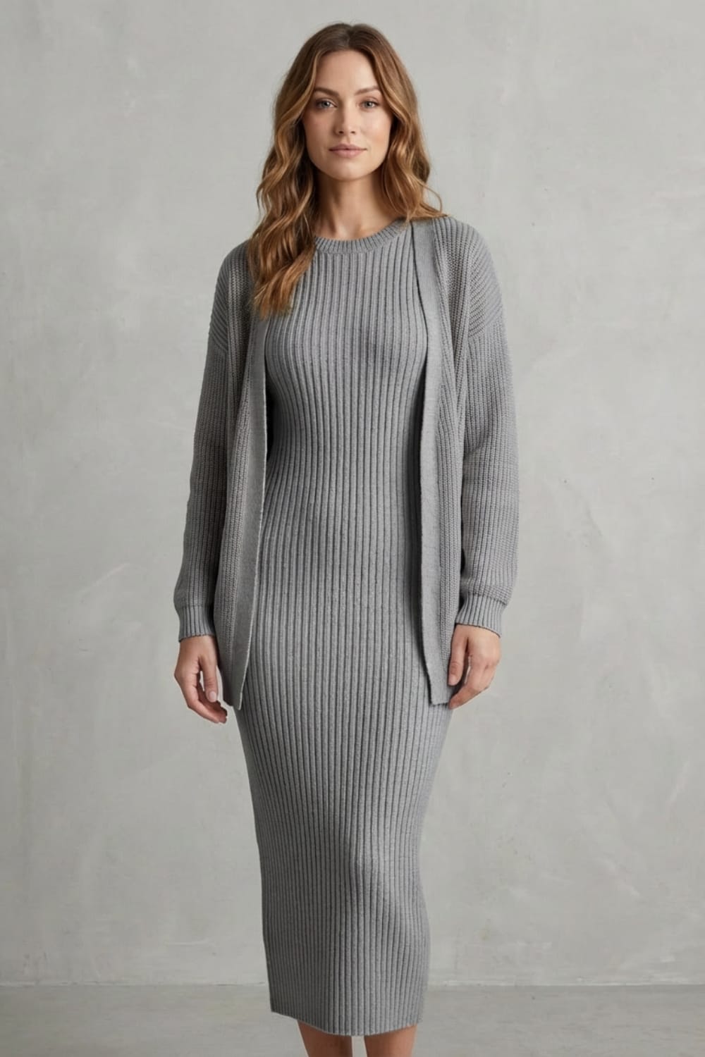 Women's Ribbed Knit Midi Dress and Cardigan Set | Gabriella_26