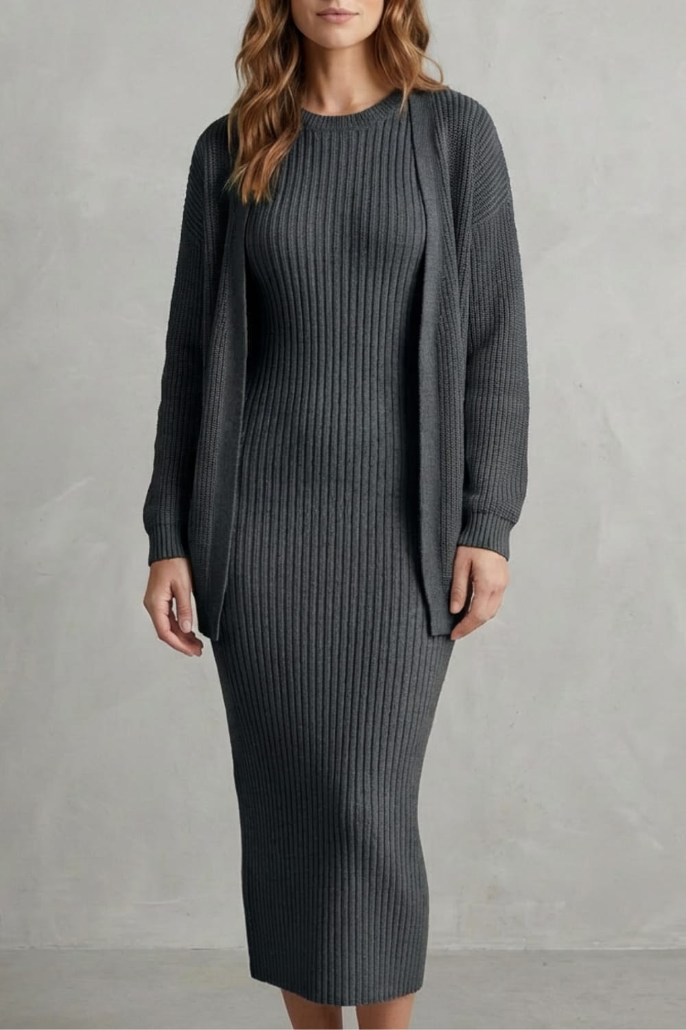 Women's Ribbed Knit Midi Dress and Cardigan Set | Gabriella_27