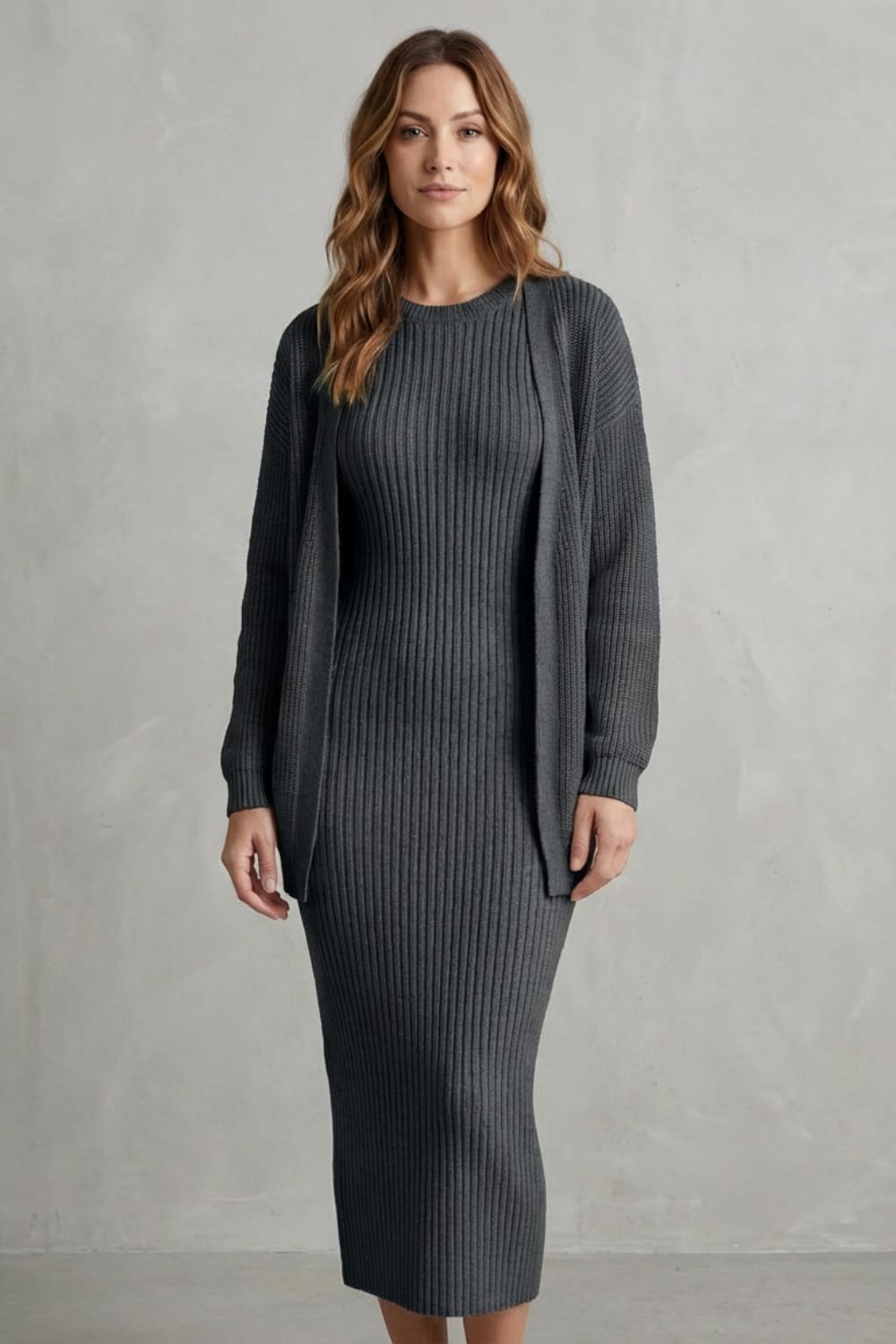 Women's Ribbed Knit Midi Dress and Cardigan Set | Gabriella_28