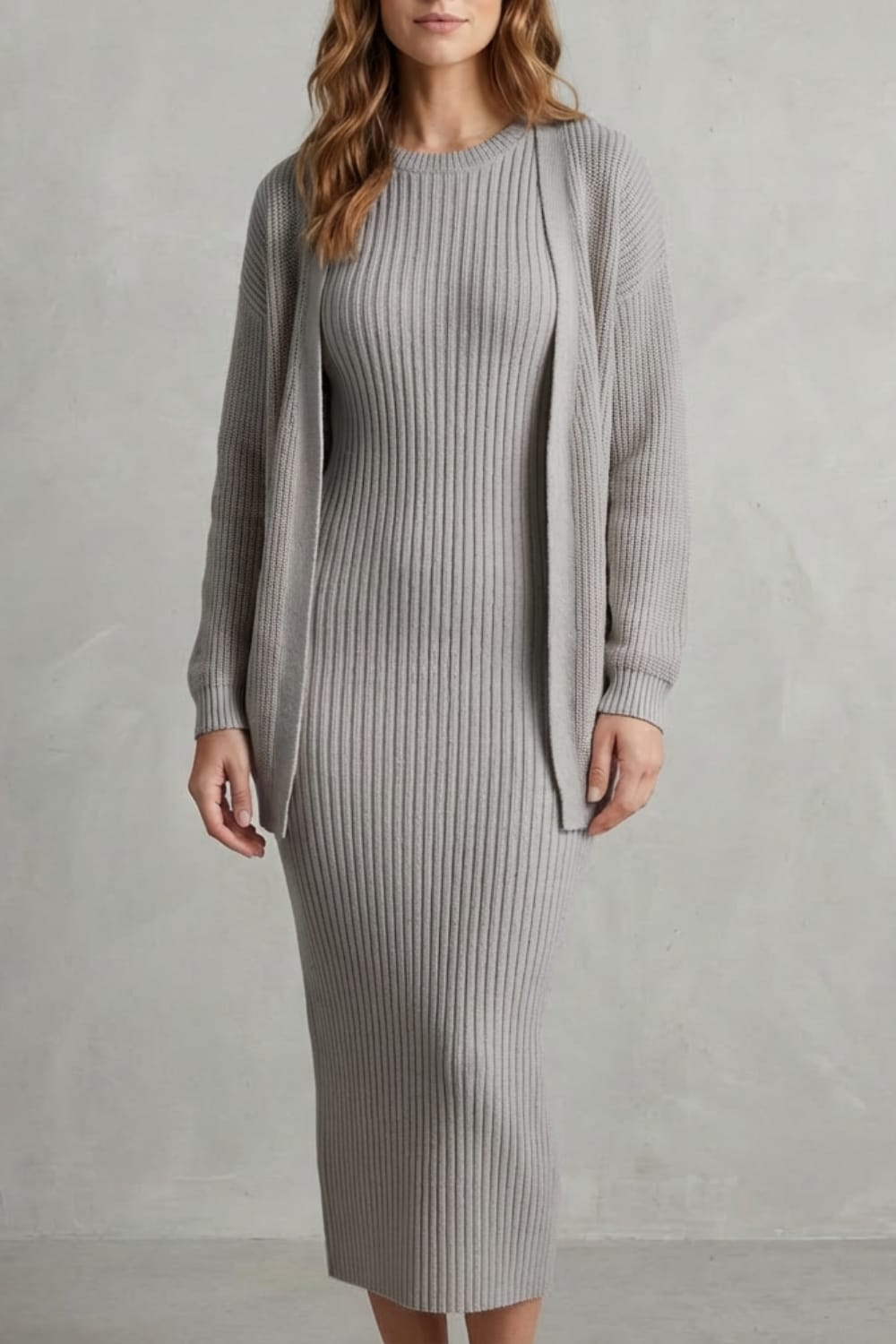 Women's Ribbed Knit Midi Dress and Cardigan Set | Gabriella_29