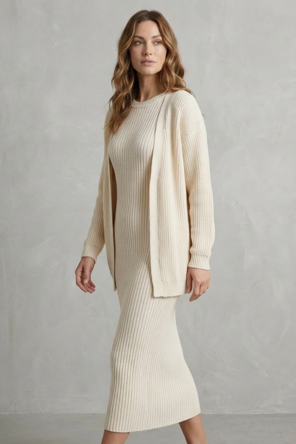 Women's Ribbed Knit Midi Dress and Cardigan Set | Gabriella_3