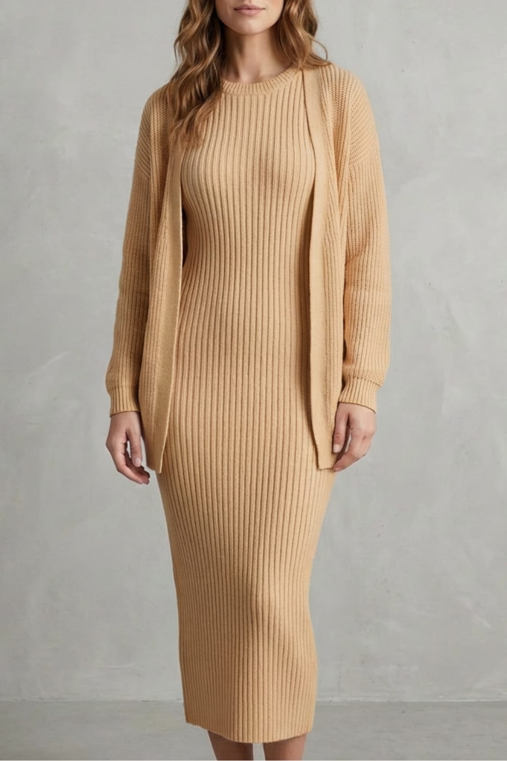 Women's Ribbed Knit Midi Dress and Cardigan Set | Gabriella_31