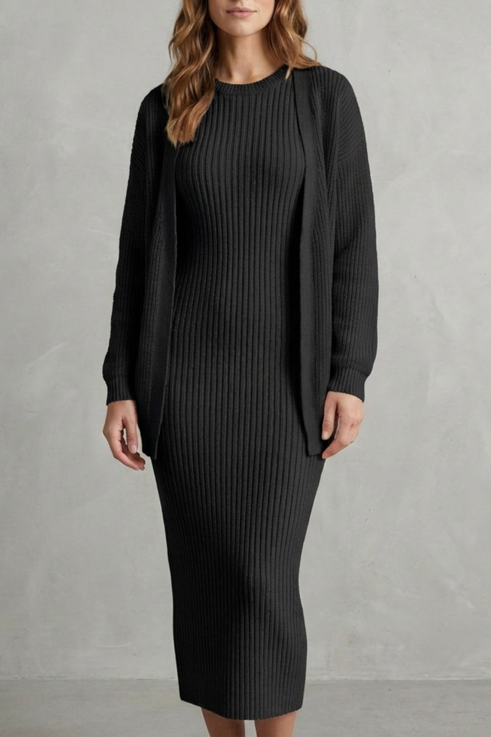 Women's Ribbed Knit Midi Dress and Cardigan Set | Gabriella_5