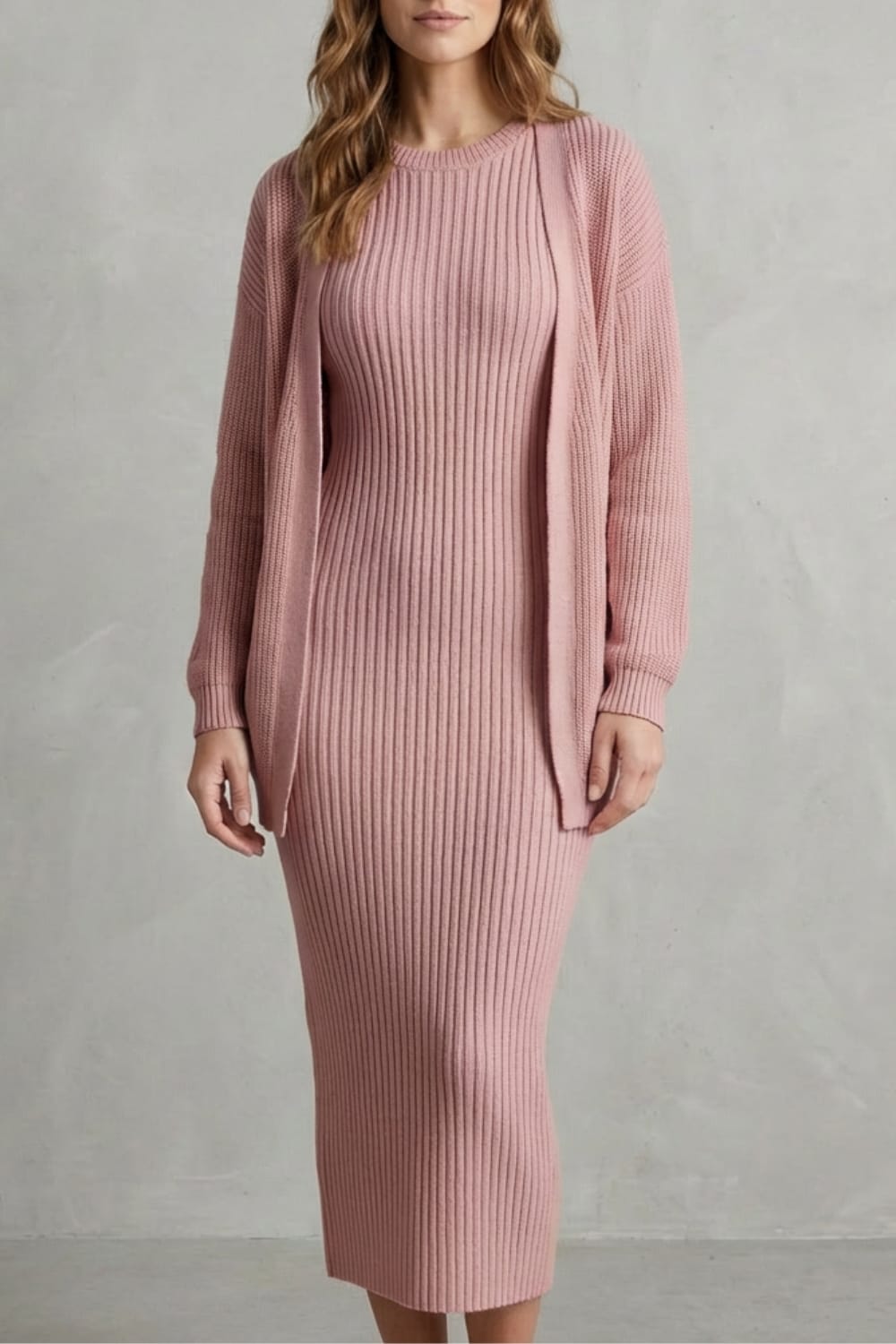 Women's Ribbed Knit Midi Dress and Cardigan Set | Gabriella_7