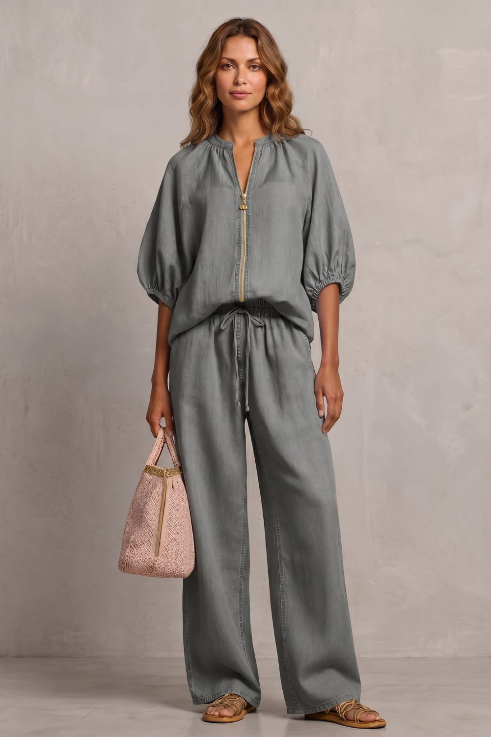 Women's Zip Front Wide Leg Trouser Set | Hayley_10