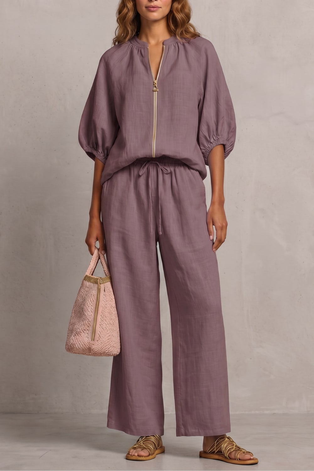 Women's Zip Front Wide Leg Trouser Set | Hayley_13