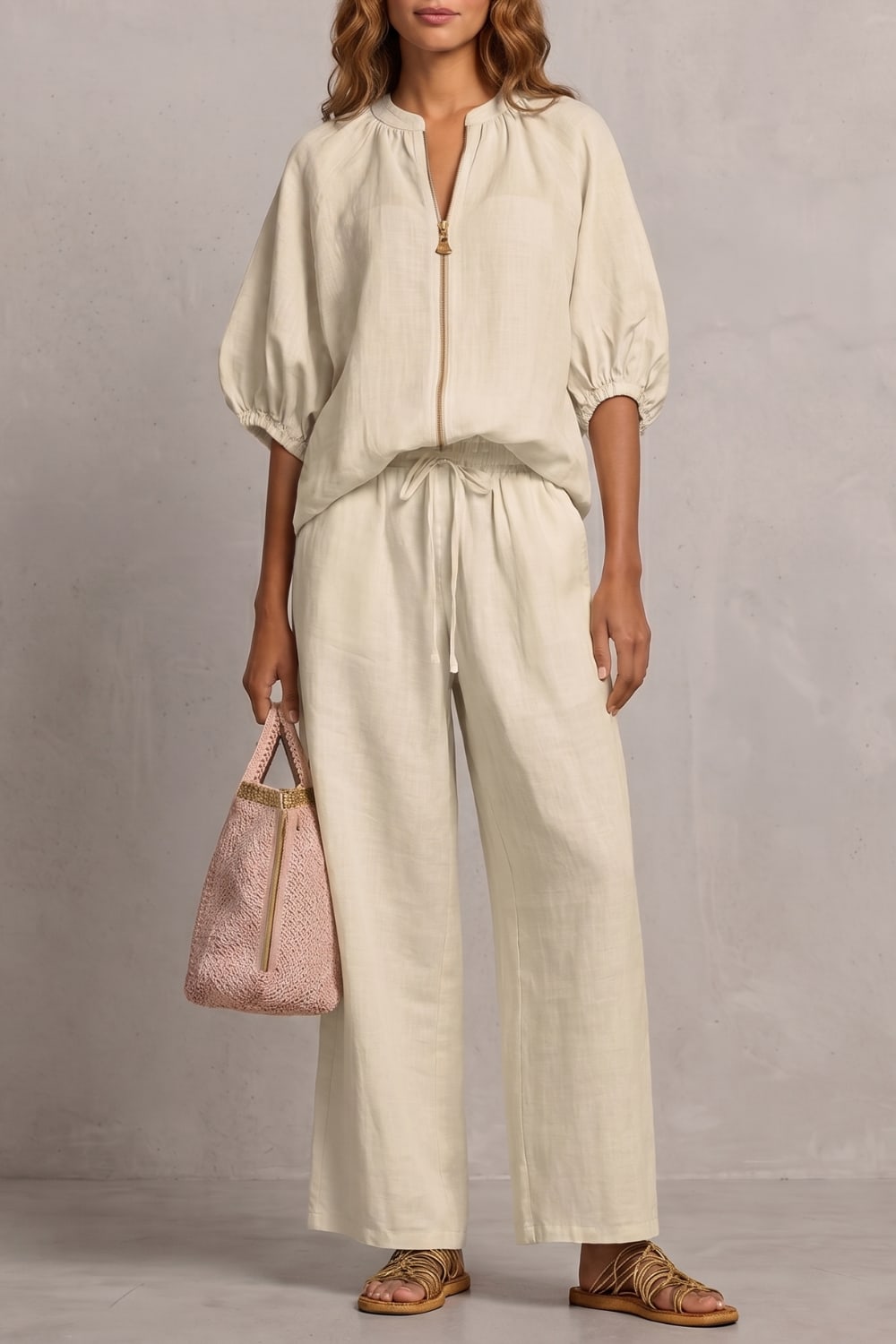 Women's Zip Front Wide Leg Trouser Set | Hayley_19