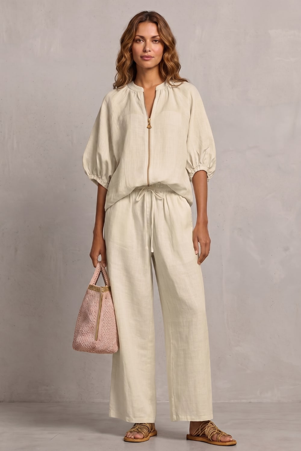 Women's Zip Front Wide Leg Trouser Set | Hayley_20
