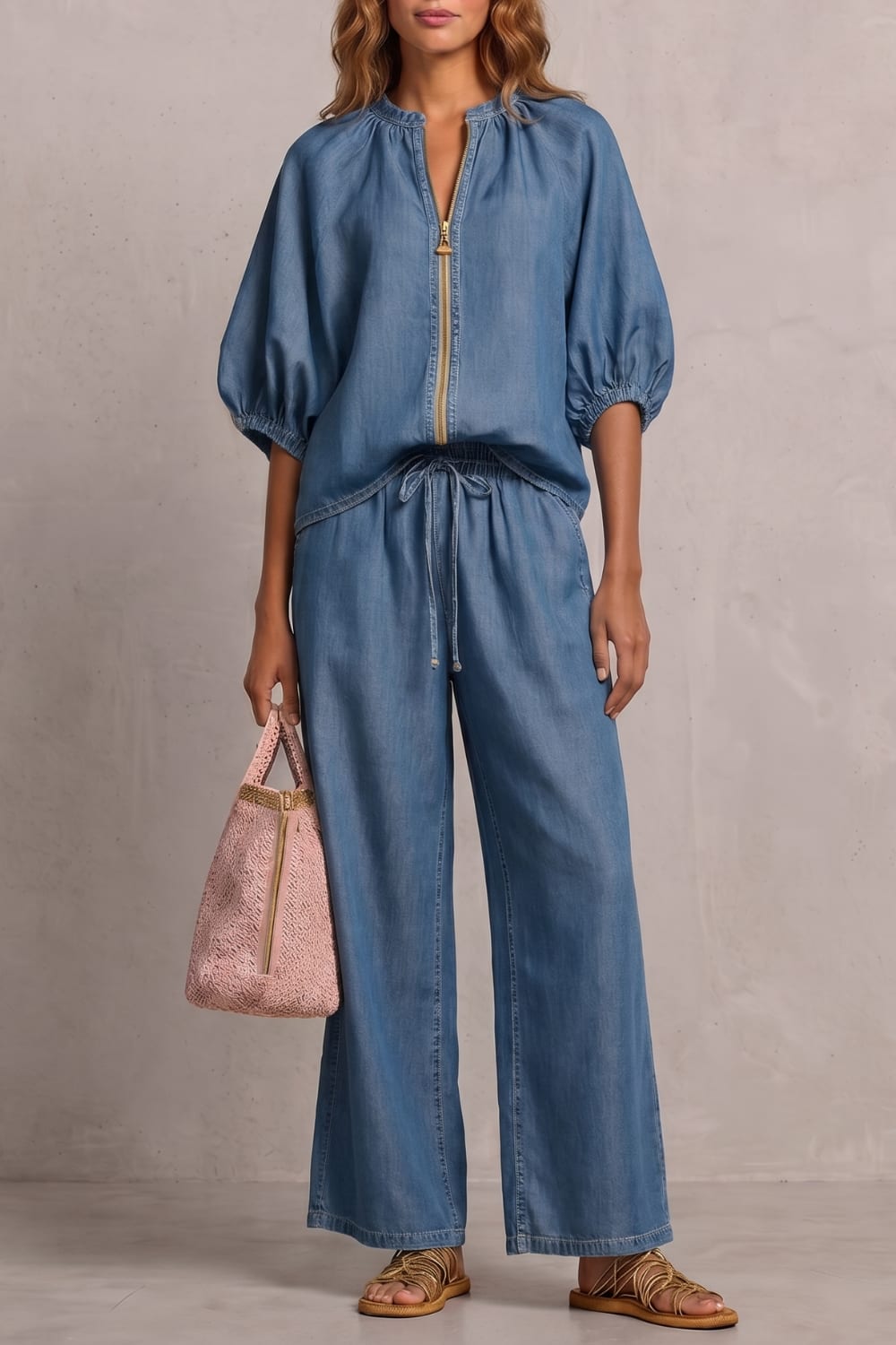 Women's Zip Front Wide Leg Trouser Set | Hayley_5