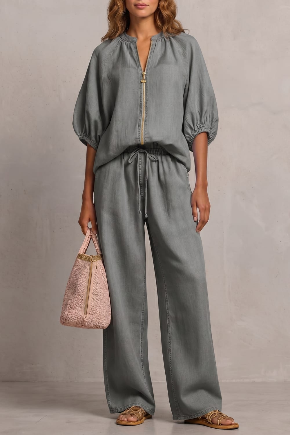 Women's Zip Front Wide Leg Trouser Set | Hayley_9