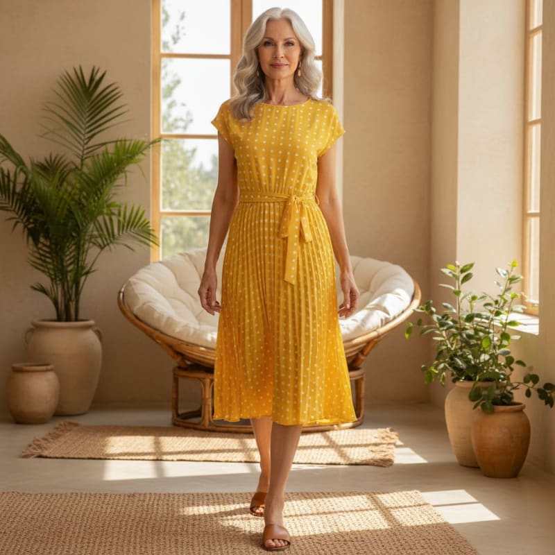 Women's Polka Dot Pleated Midi Dress | Rose_1