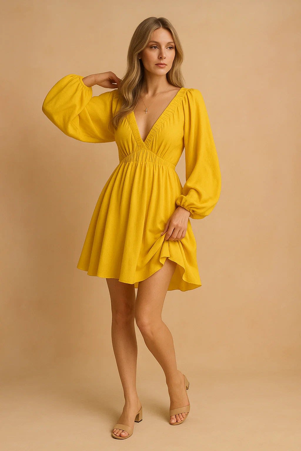 Women's Flowy V-Neck Puff Sleeve Summer Dress | Bronte_3