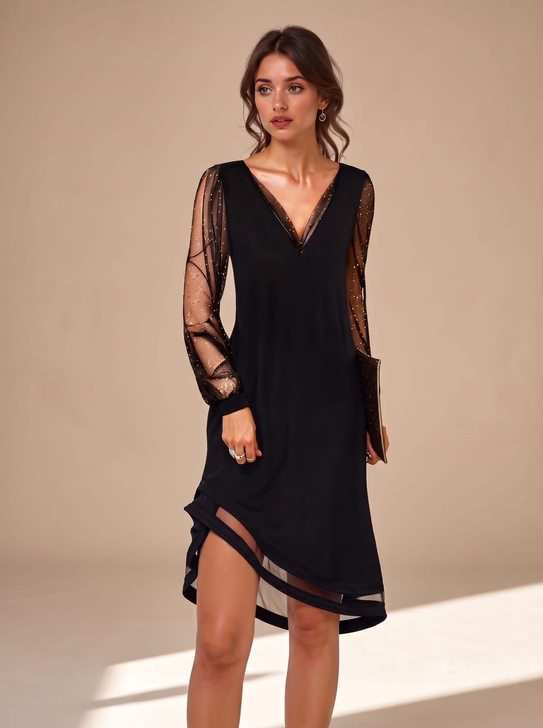 Women's Black Sheer Sleeve Christmas Party Dress | Leonora_2