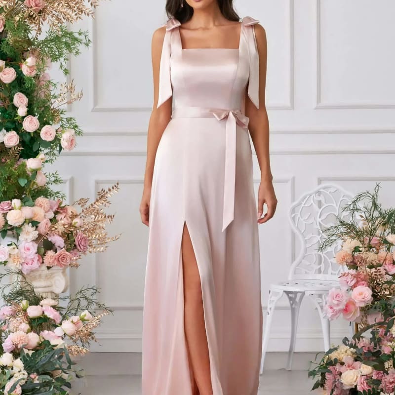 Women's Square Neck Wedding Guest Maxi Dress with Bow Straps | Violet Parker_1