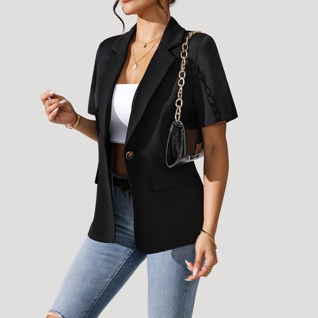 Women's Short Sleeve Black Blazer | Aneira_3