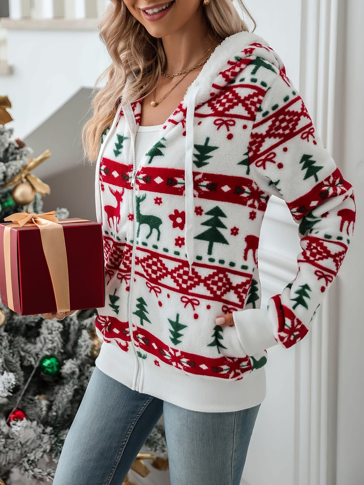 Women's Fair Isle Hooded Zip Christmas Jumper | Genevieve_3