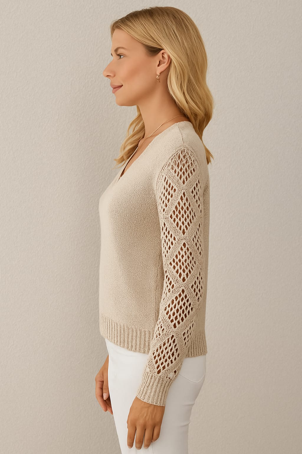 Women's Crochet Sleeve V-Neck Jumper | Rita_3